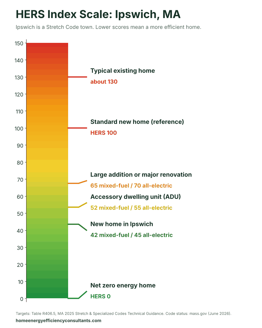 HERS Index scale from 0 to 150 showing the HERS targets for new homes, ADUs and renovations - HERS rating in Ipswich, MA