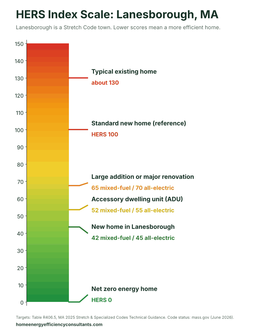 HERS Index scale from 0 to 150 showing the HERS targets for new homes, ADUs and renovations - HERS rating in Lanesborough, MA