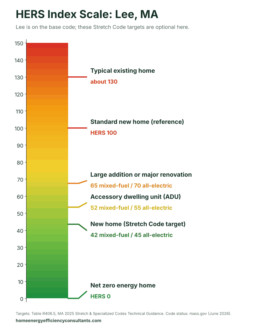 HERS Index scale from 0 to 150 showing the HERS targets for new homes, ADUs and renovations - HERS rating in Lee, MA