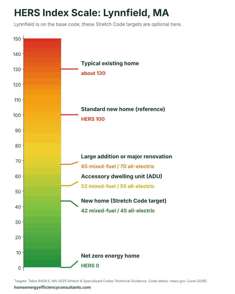 HERS Index scale from 0 to 150 showing the HERS targets for new homes, ADUs and renovations - HERS rating in Lynnfield, MA