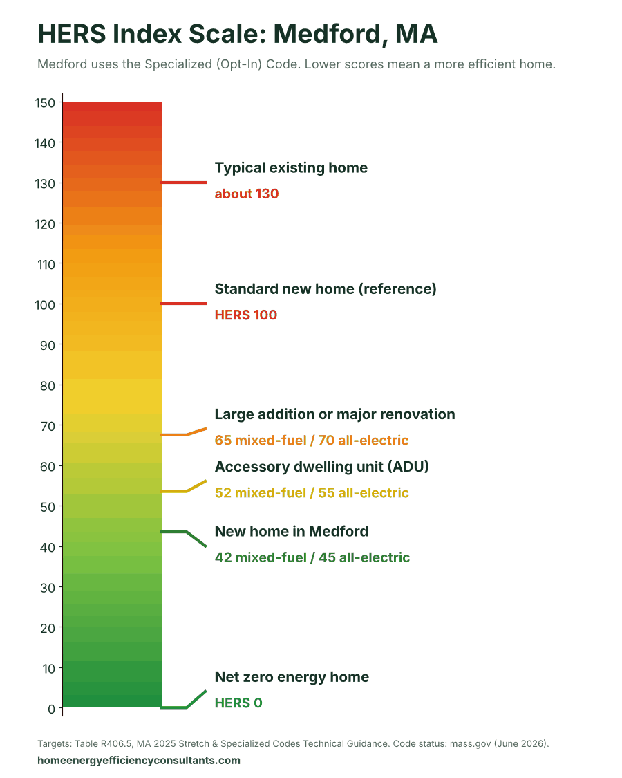 HERS Index scale from 0 to 150 showing the HERS targets for new homes, ADUs and renovations - HERS rating in Medford, MA
