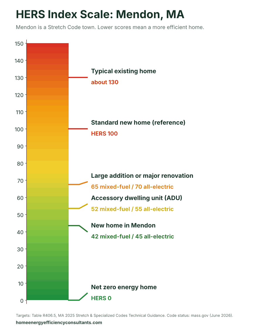 HERS Index scale from 0 to 150 showing the HERS targets for new homes, ADUs and renovations - HERS rating in Mendon, MA