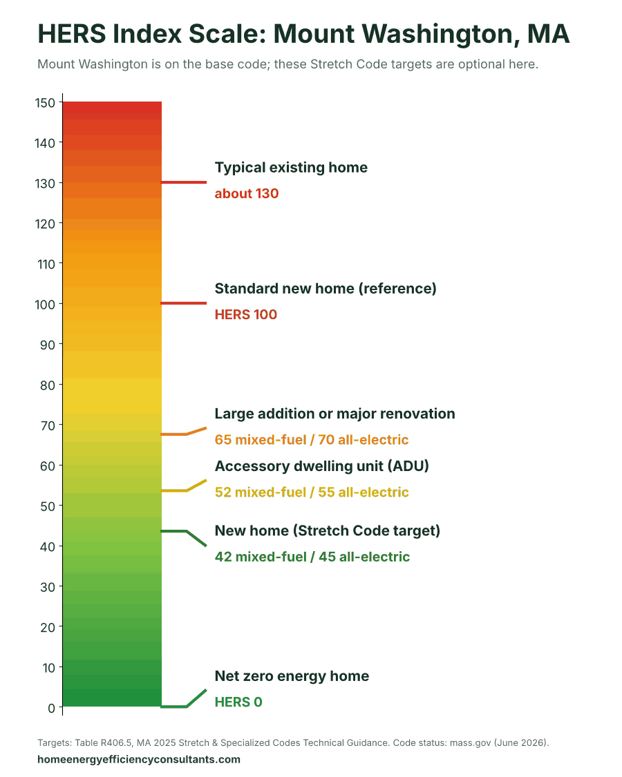 HERS Index scale from 0 to 150 showing the HERS targets for new homes, ADUs and renovations - HERS rating in Mount Washington, MA
