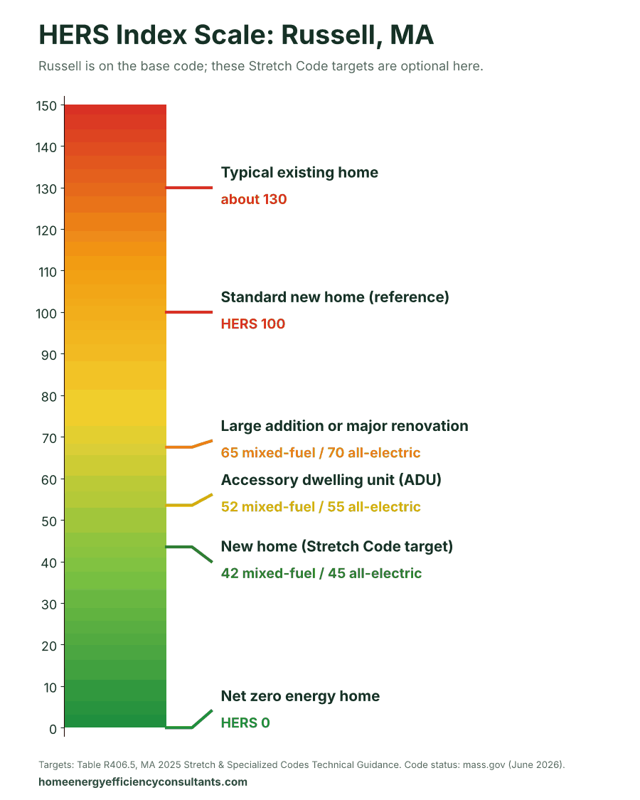 HERS Index scale from 0 to 150 showing the HERS targets for new homes, ADUs and renovations - HERS rating in Russell, MA