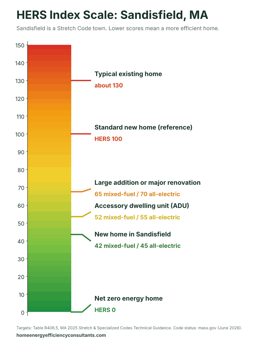 HERS Index scale from 0 to 150 showing the HERS targets for new homes, ADUs and renovations - HERS rating in Sandisfield, MA