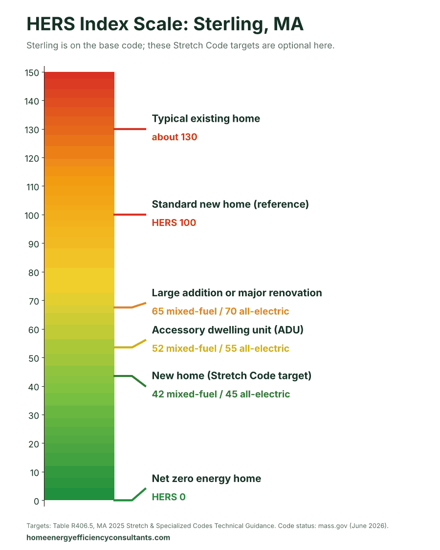 HERS Index scale from 0 to 150 showing the HERS targets for new homes, ADUs and renovations - HERS rating in Sterling, MA