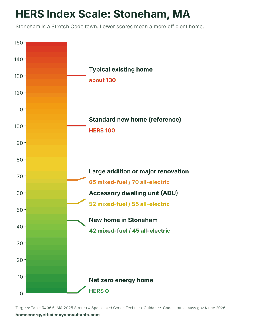 HERS Index scale from 0 to 150 showing the HERS targets for new homes, ADUs and renovations - HERS rating in Stoneham, MA