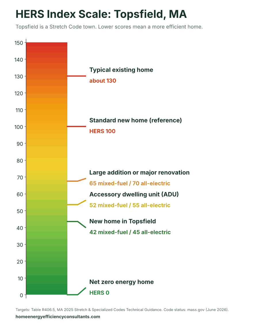 HERS Index scale from 0 to 150 showing the HERS targets for new homes, ADUs and renovations - HERS rating in Topsfield, MA
