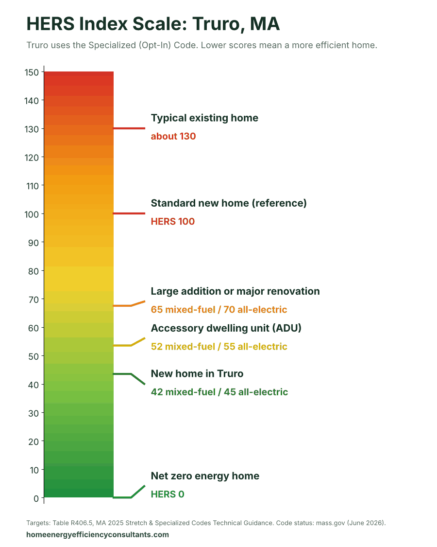 HERS Index scale from 0 to 150 showing the HERS targets for new homes, ADUs and renovations - HERS rating in Truro, MA