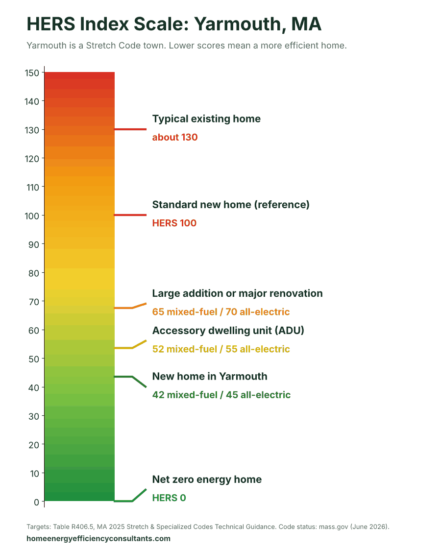 HERS Index scale from 0 to 150 showing the HERS targets for new homes, ADUs and renovations - HERS rating in Yarmouth, MA