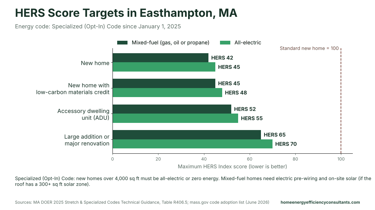 Bar chart of maximum HERS scores for new homes, ADUs and major renovations under the Specialized (Opt-In) Code - HERS rating in Easthampton, MA