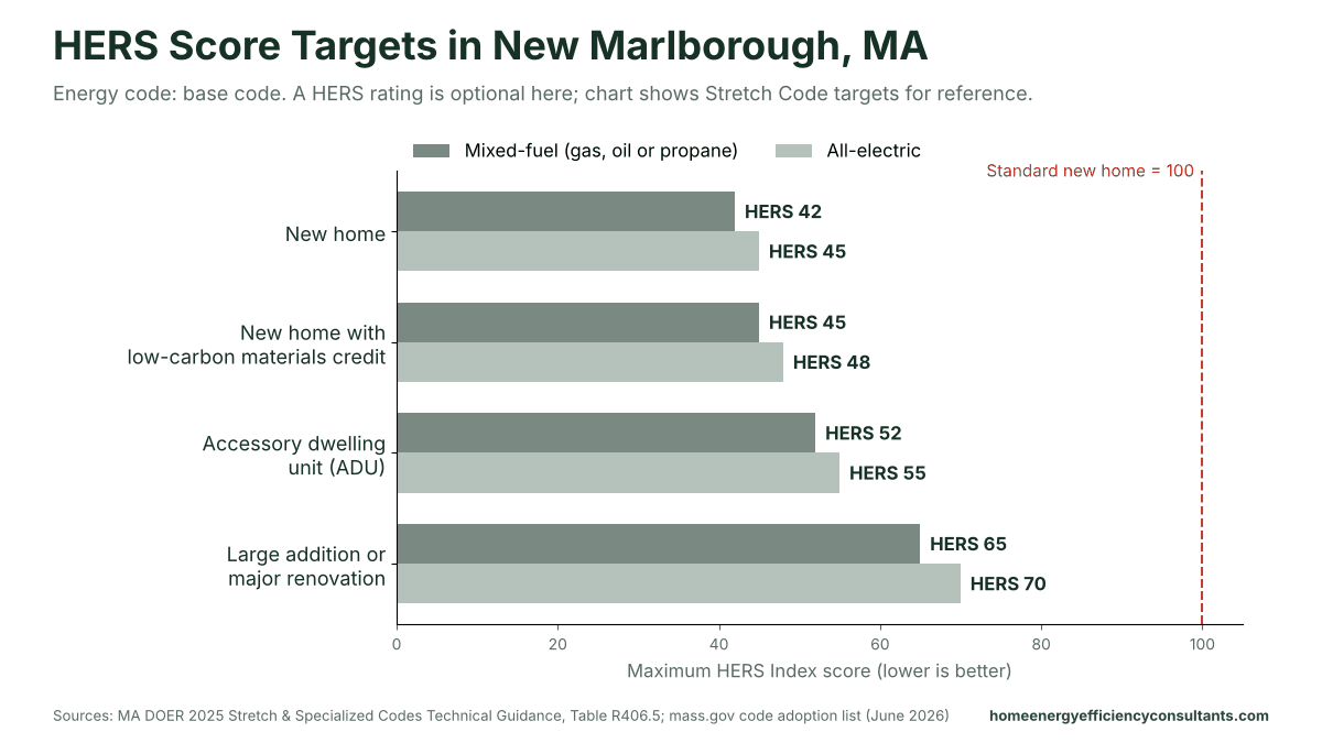 Bar chart of maximum HERS scores for new homes, ADUs and major renovations under the base energy code - HERS rating in New Marlborough, MA