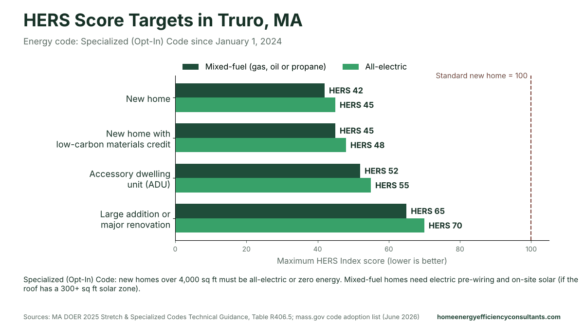 Bar chart of maximum HERS scores for new homes, ADUs and major renovations under the Specialized (Opt-In) Code - HERS rating in Truro, MA