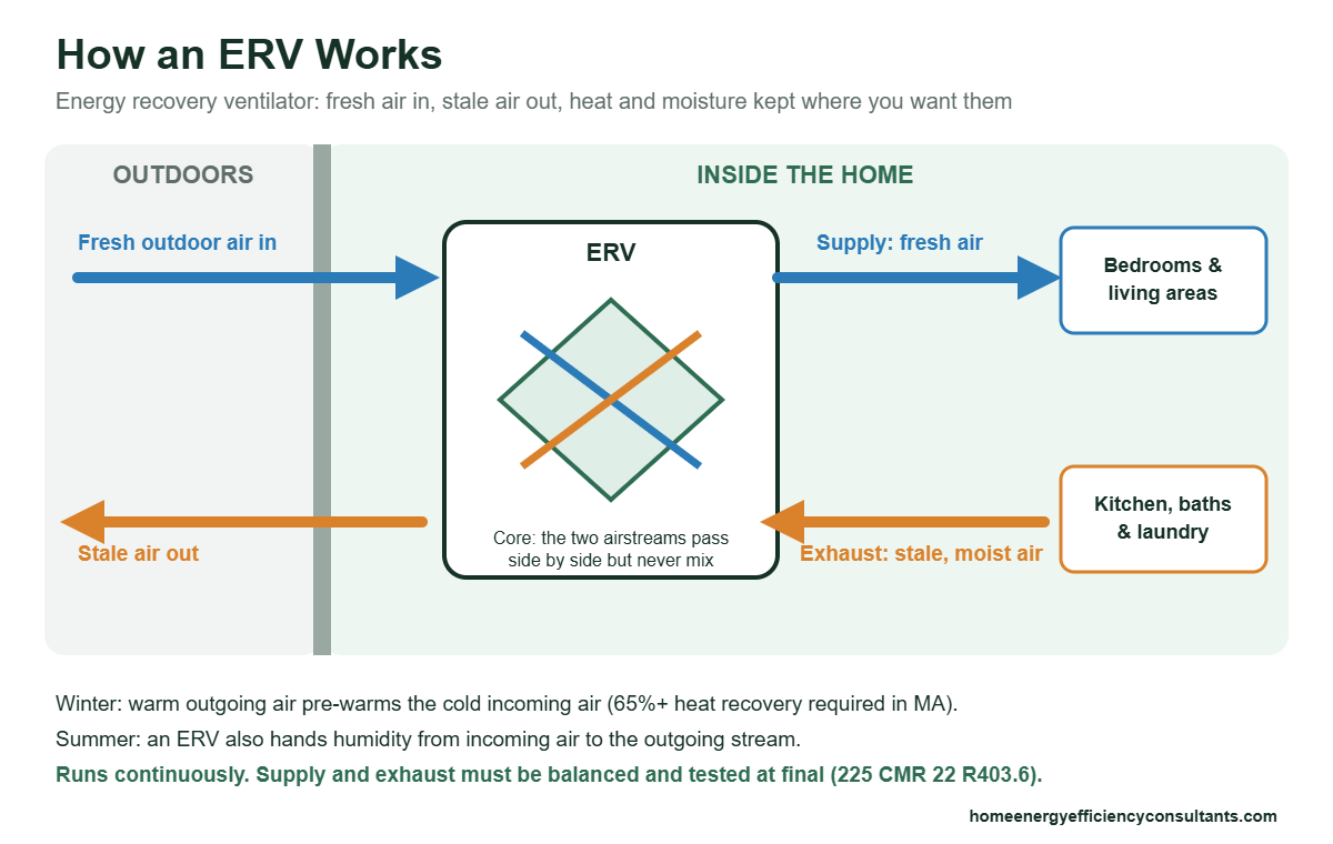 How an ERV works: diagram of an energy recovery ventilator exchanging stale indoor air for fresh outdoor air while recovering heat and moisture in a Massachusetts home