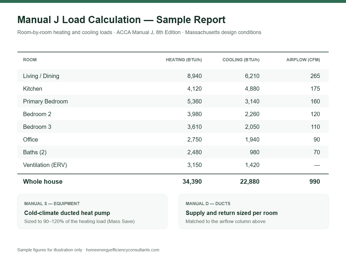 Sample Manual J load calculation report with room-by-room heating and cooling loads, Manual S equipment selection and Manual D duct sizing