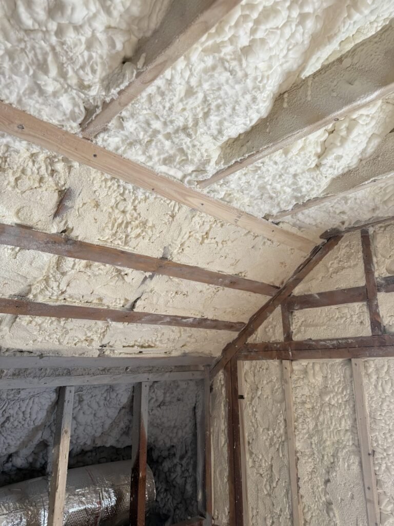 Spray foam on attic rafters and gable wall framing - HERS rating in Georgetown, MA