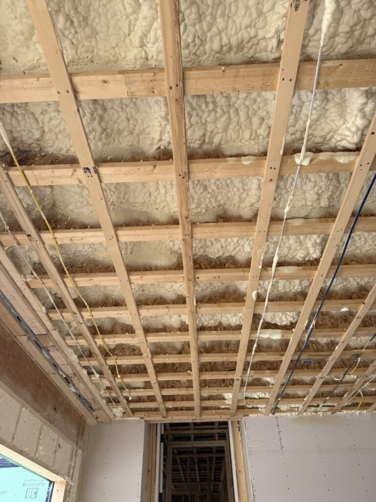 Ceiling joists with strapping over a spray-foamed roof deck - HERS rating in Cummington, MA