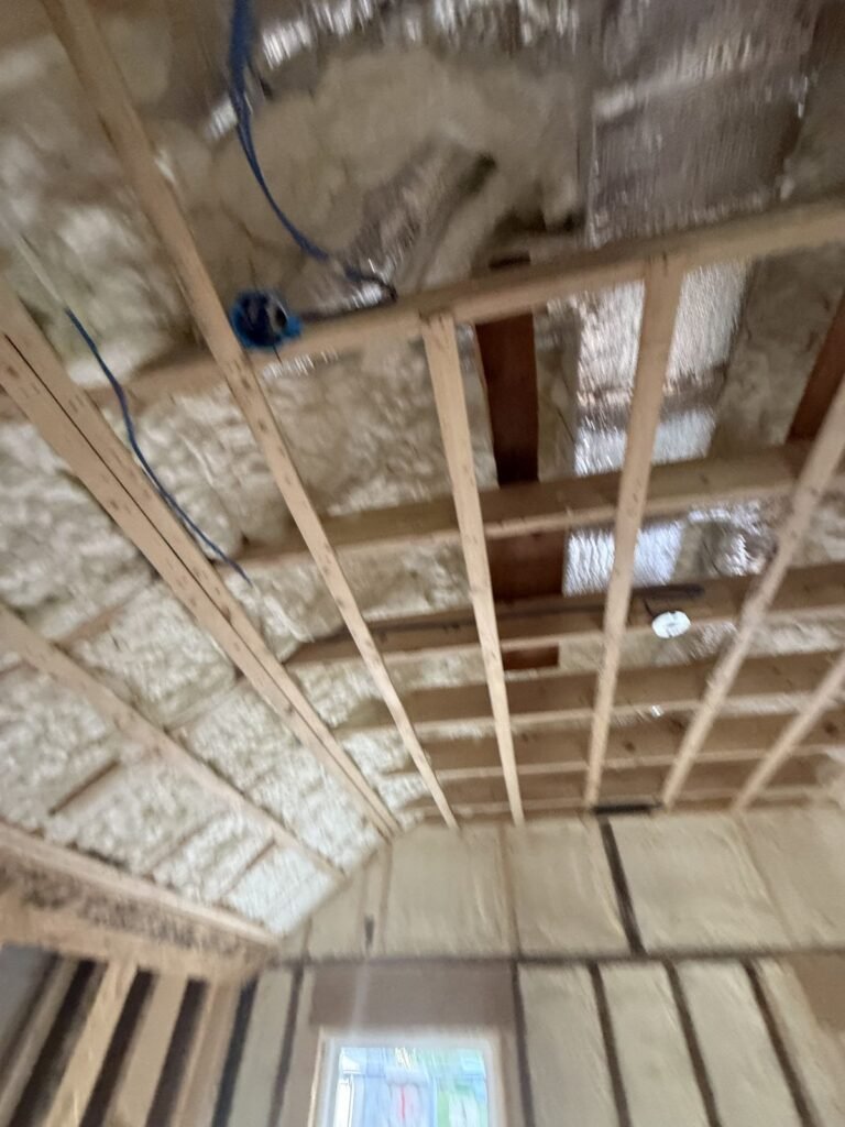 Spray-foamed vaulted ceiling with wood strapping on an upper floor - HERS rating in Chicopee, MA