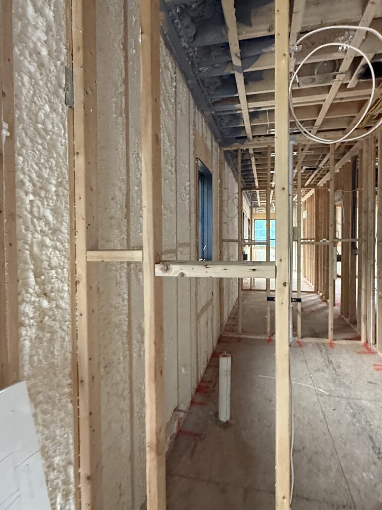 Long framed hallway with foamed exterior walls - HERS rating in Ashburnham, MA