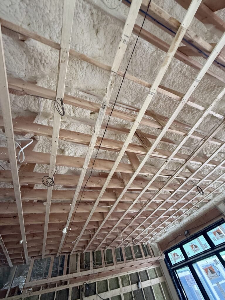 Ceiling strapping grid over spray-foamed joists beside a black-framed window - HERS rating in Montgomery, MA