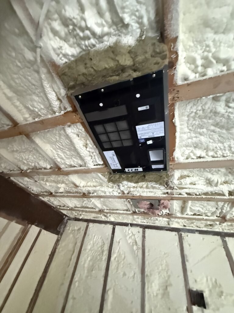 Spray foam sealed around a ceiling register box in a renovated room - HERS rating in Beverly, MA